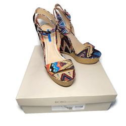 BCBGENERATION Raquel Platform Wedge Aztec Print Ankle Strap Sandals US 7.5 B
