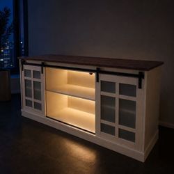 New In Box Dark Grayish Black TV Entertainment Center Stand Furniture Shelf Ideal For Up To 65” Television Sliding Barn Door And Adjustable Shelves 