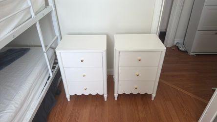 2 Scalloped Bottom White wooden Side Tables With Gold Knobs