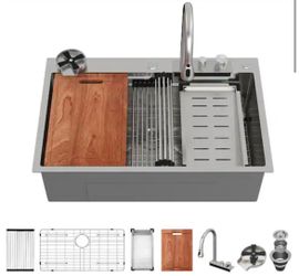 33 in. Drop-In Single Bowl 16-Gauge 304 Stainless Steel Kitchen Sink with Faucet and Bottom Grids