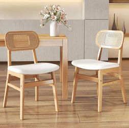 New Rattan Dining Chairs Set of 2 Beige Linen Fabric with Natural Wooden Frame
