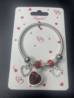 Silver Tone Heart Charm Bracelet with Red Rhinestones Dangle