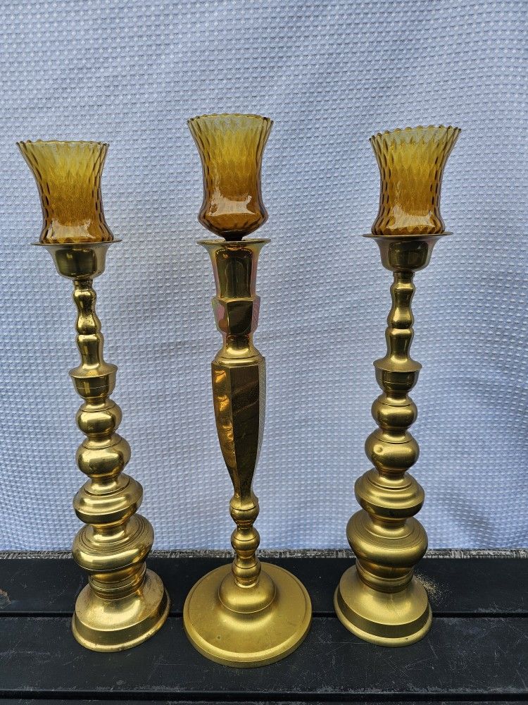 Set Of 3 VTG Brass Candlesticks 22
