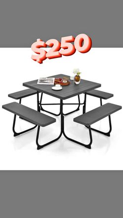 5-Piece Black Metal Outdoor Dining Picnic Table Set with 4 Benches and Umbrella Hole