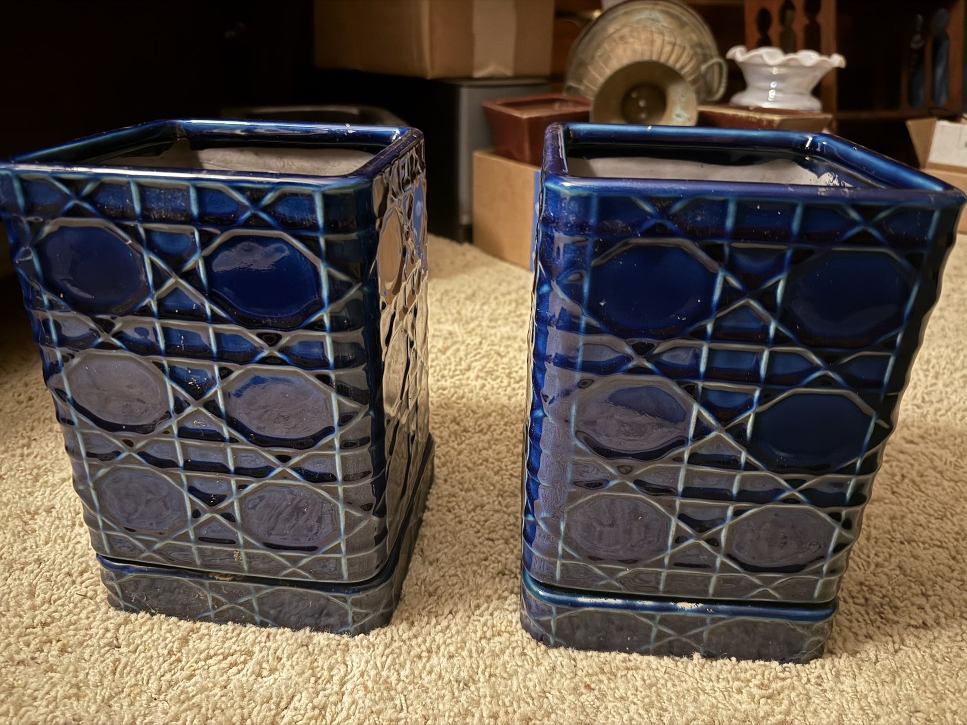 Indoor Pair Of Blue Ceramic Plant Pots