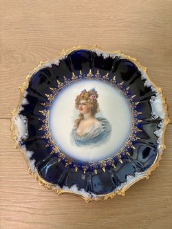 Vintage Cobalt Blue Porcelain Portrait Plate
