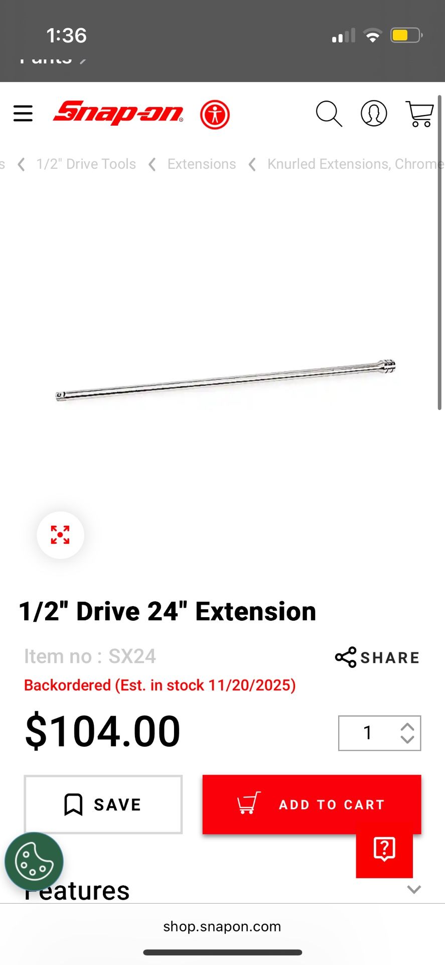 Snap On 1/2 Drive 24” Extension