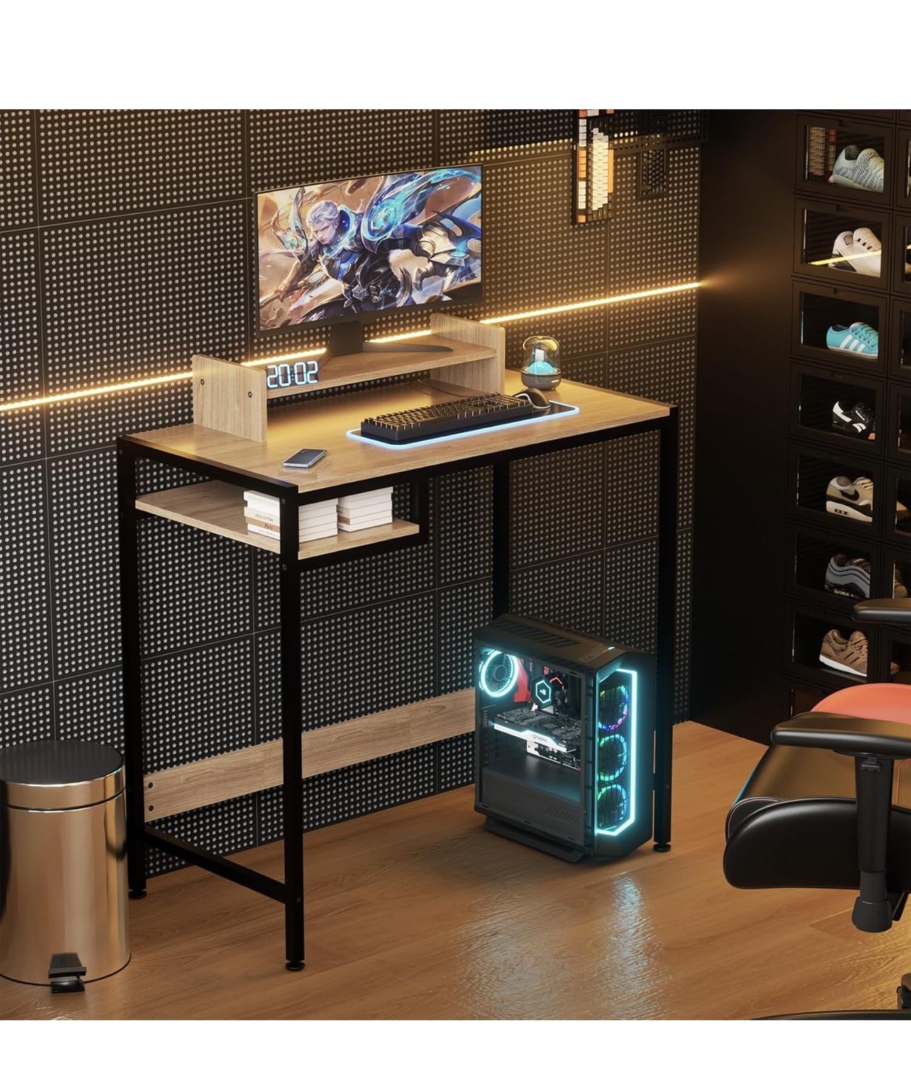 Computer Desk - 32 Inch Home Office Desk with Storage, Gaming Desk with Monitor Stand, Modern Simple Study Table, Adjustable Storage Space, Grey