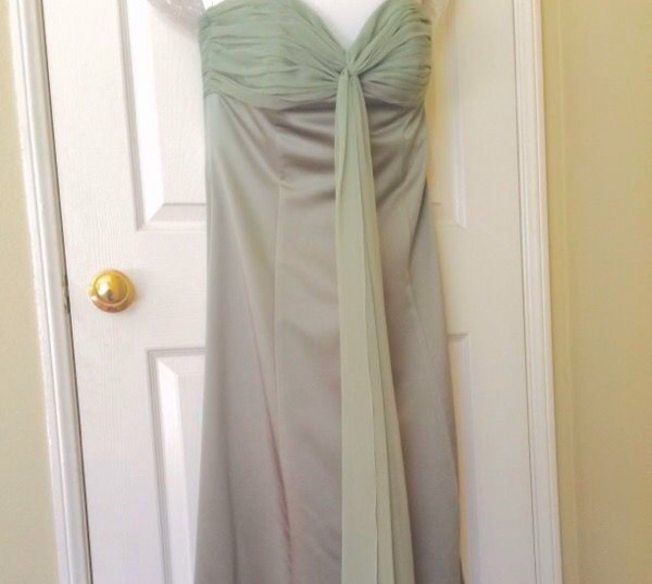 Dessy Collection Bridesmaid Gown Sage Green Formal Strapless Long Flowing Dress Size 12