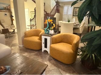 Pair of Mustard Yellow Faux Leather Swivel Barrel Chairs