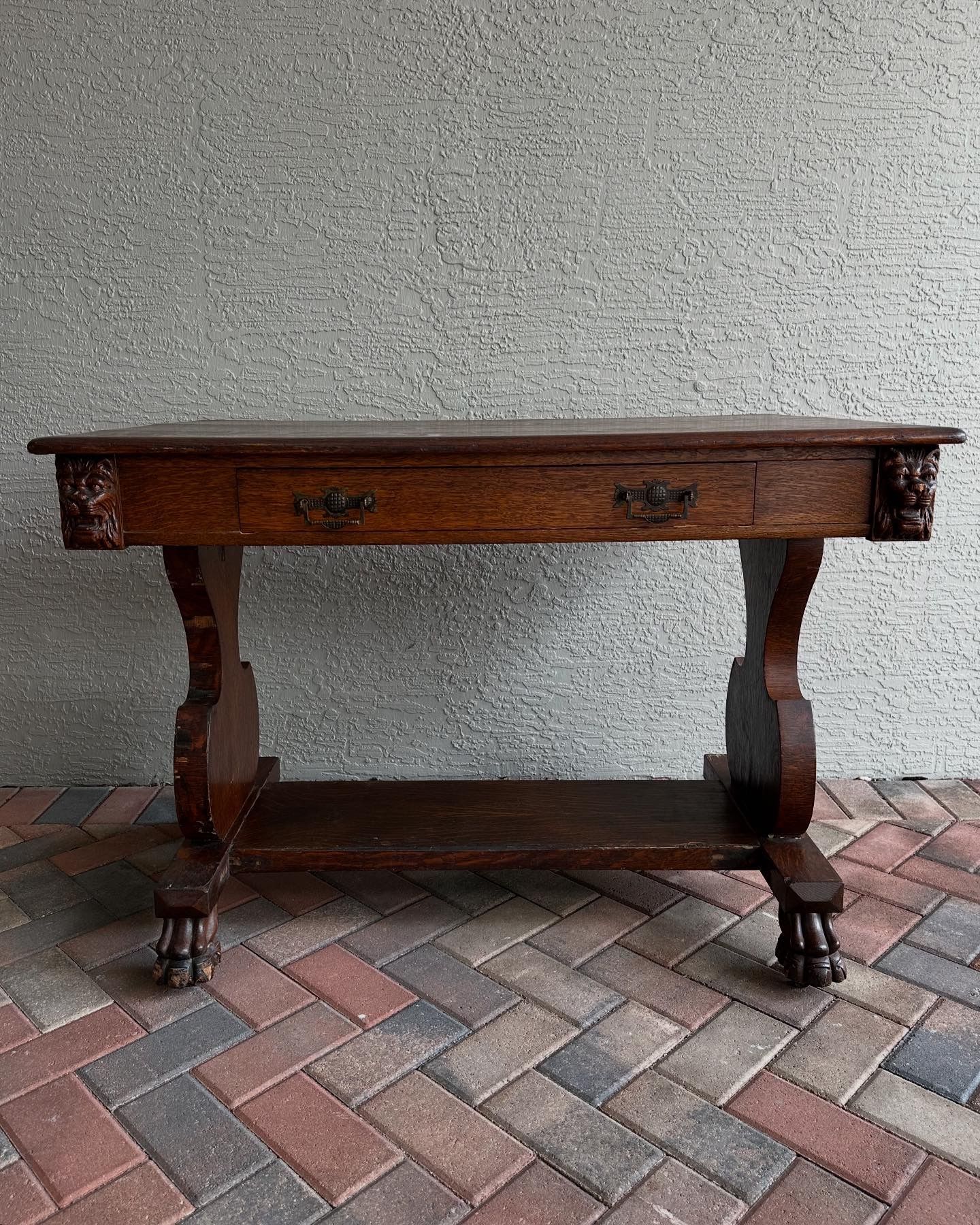 Antique 19th c English oak secretary desk on casters
