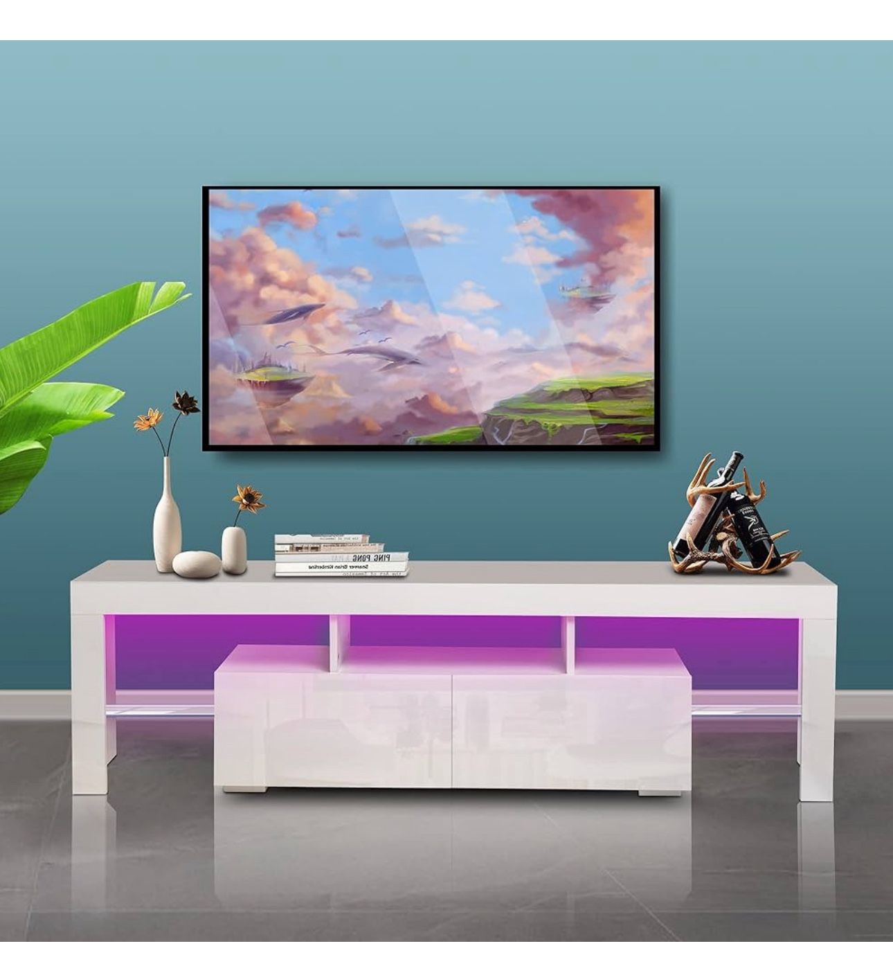 White Modern TV Stand with 16-Color LED Lights and 2 Large Storage Drawers for TVs Up to 70 Inches