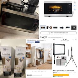 Virtual yard sale storage closet, airfry microwave , makeup light