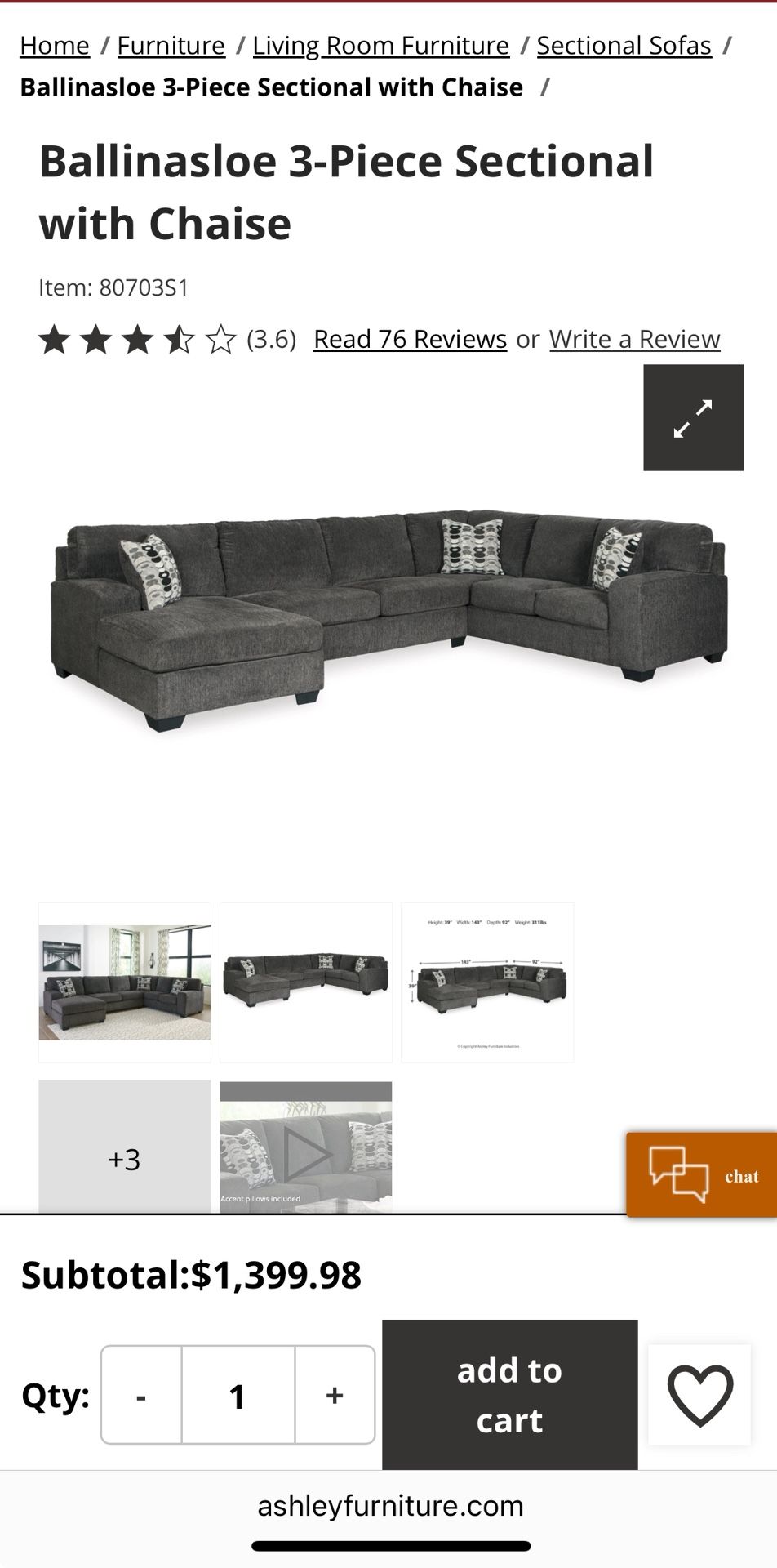 Ballinasloe 3-Piece Sectional with Chaise (Ashley Furniture)