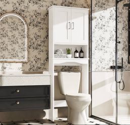 New in box Over The Toilet Storage Cabinet with Adjustable Shelf and Double Doors, Freestanding Bathroom Cabinet Organizer with Open Shelf, Home Space