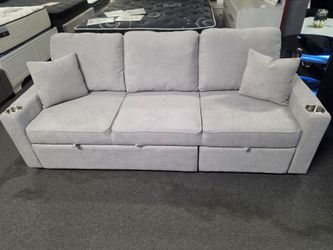 Brand new gray linen sofa sleeper with pullout chaise (83"×60"×33"H)