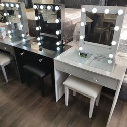 Brand New Vanitys W/ Hollywood Mirror, Stool & Lights Grey, Black Or White $329