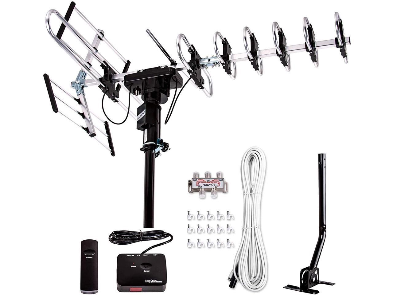Outdoor HD TV Antenna Long Range with Motorized 360 Degree Rotation, UHF/VHF/FM Radio with Infrared Remote Control with Installation Kit and Pole