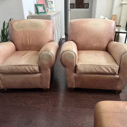 (It’s Available) Pottery Barn by Mitchell Gold – Manhattan Leather Club Chairs + Ottomans (Set of 2)