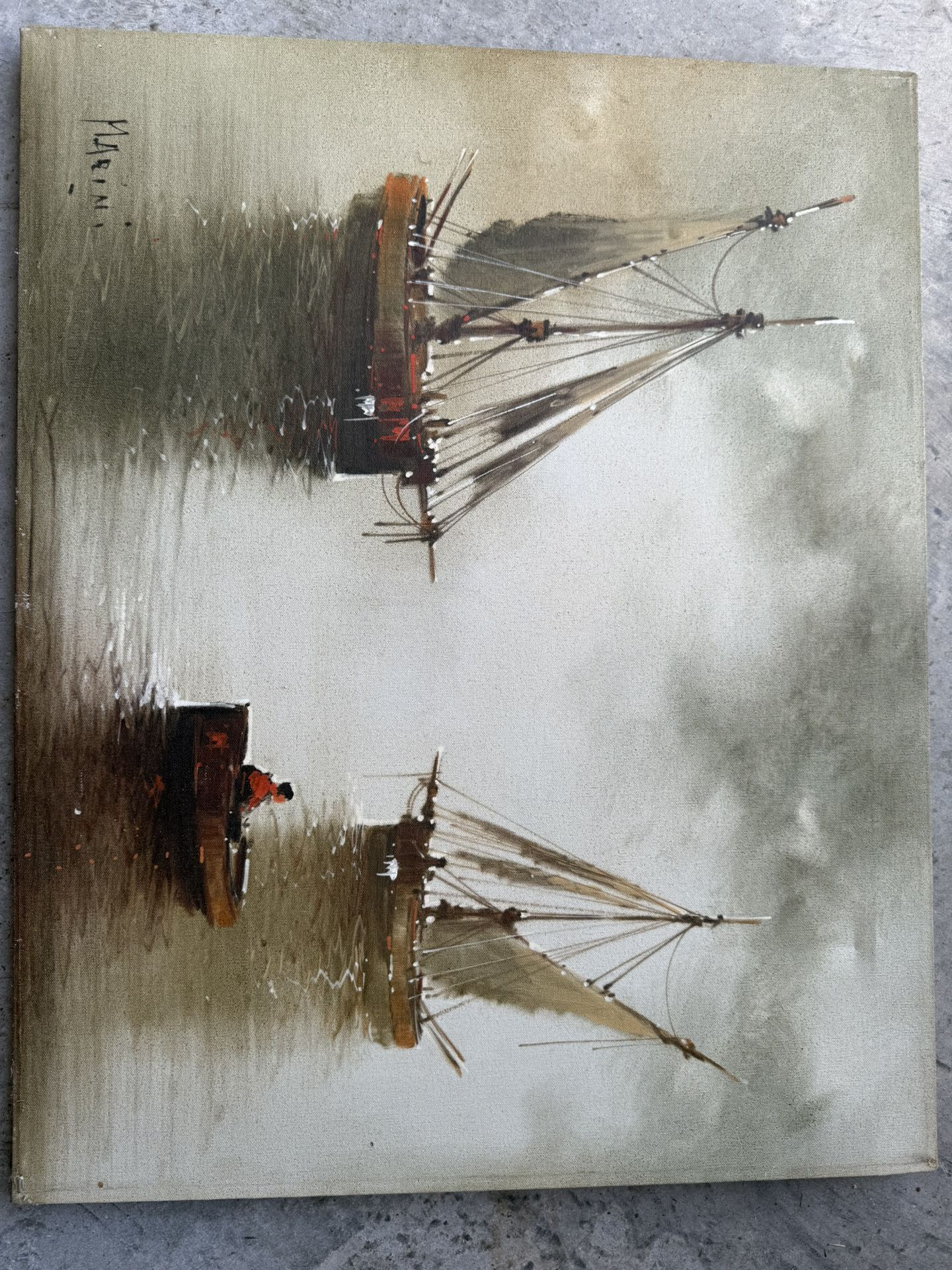 Antique Vintage 2’x2.5’ oil painting on canvas of sailing boats by Marini