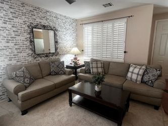 Sofa, loveseat and coffee table with one side table