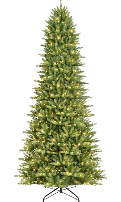 Puleo International 10ft Pre-Lit Slim Fraser Fir Artificial Christmas Tree 2557 Realistic Branch Tips, 900 Clear Lights, Hinged Branches, Foldable Met
