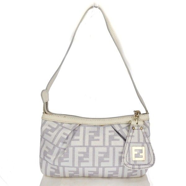FENDI Logo Zucca Pattern Shoulder Bag Canvas Leather White Purple