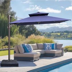 11 ft. Square Shape Cantilever Patio Umbrella Double Top Aluminum Outdoor Umbrella Navy Blue