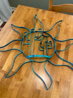 Southwest metal saguaro cactus and sun wall art hanging. 3d. Turquoise. 24 inches. Rustic/ outdoor.