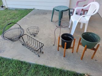 Plant Stands and metal baskets for garden