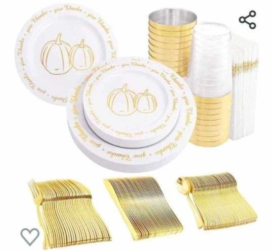 200 Gold Plastic Dinnerware, Gold Plastic Plates with Gold Pumpkin, Thanksgiving Party Plates, Gold Plastic Silverware, Friendsgiving Plates, Gold Nap