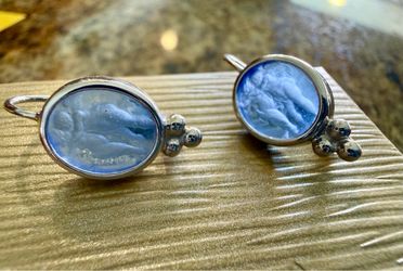 Vintage 14k White Gold Blue Glass Intaglio Earrings