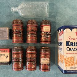 Antique Spice Tins, Cracker Tin, & Patent Medicine Bottle