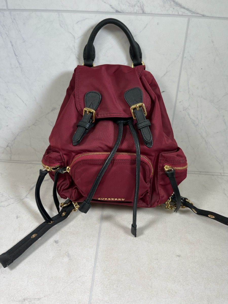 Authentic Burberry Backpack – Burgundy Nylon – Black Leather & Gold Accents (A1G006996)