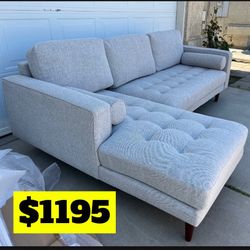 Brand New. Mid Century Modern Tufted Sofa Sectional. Oatmeal. Left Arm Facing. Retails Over $2300.