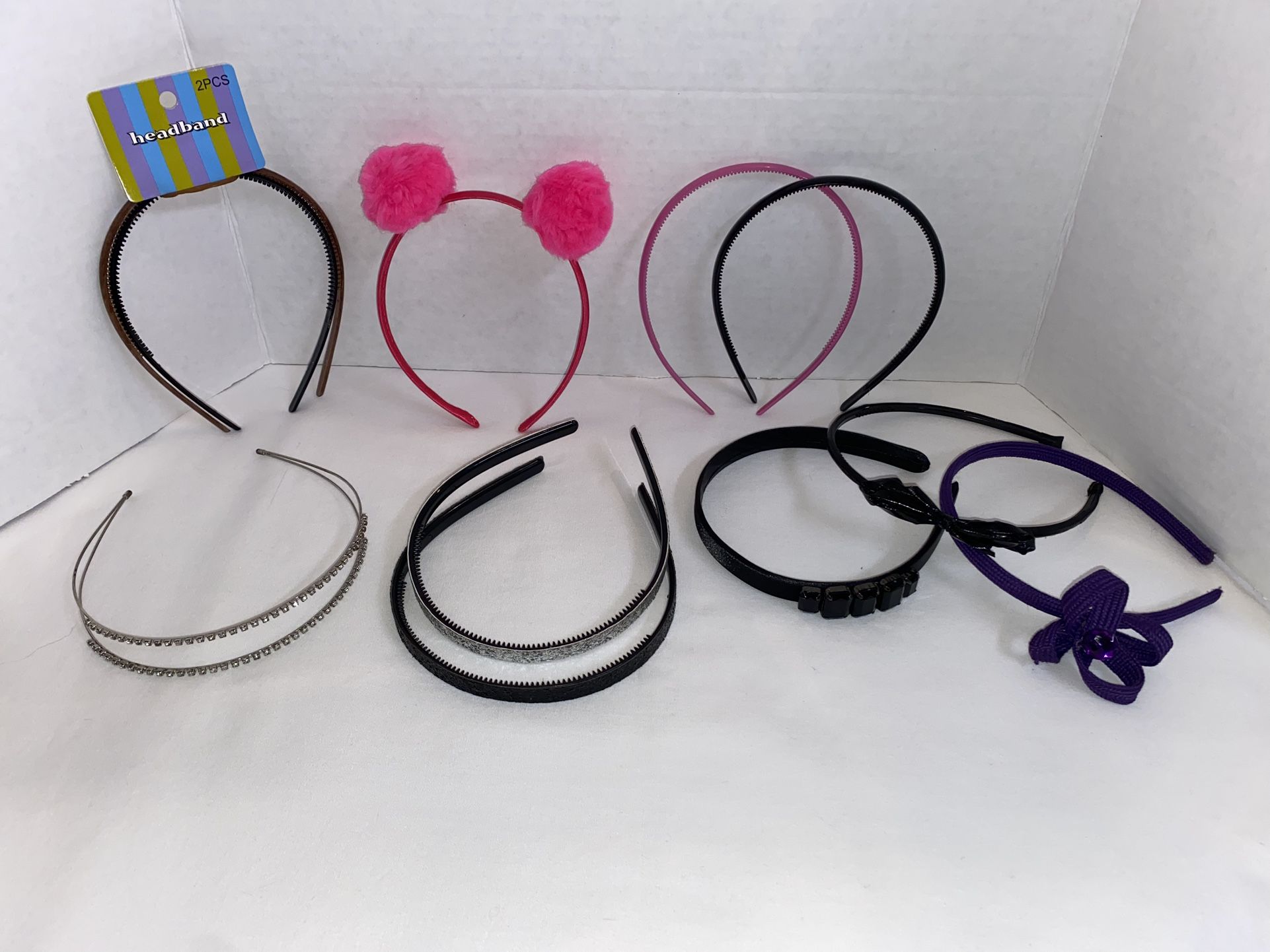 11 Women Girls Slim Headband Lot Hair Accessories Rhinestone Gem Floral Pom Pom