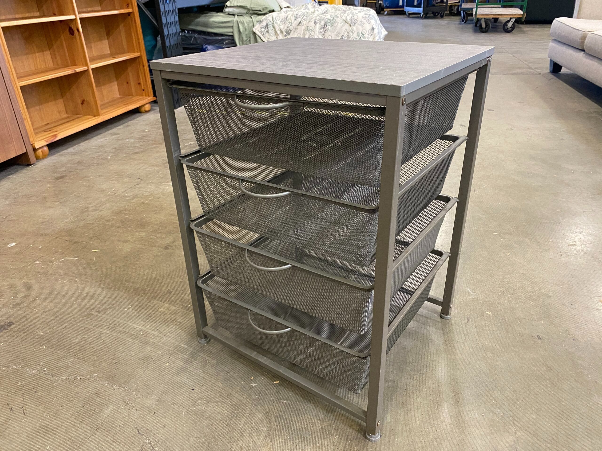 Grey Metal Open Frame Storage Rack with 4 Drawers and Wood Top