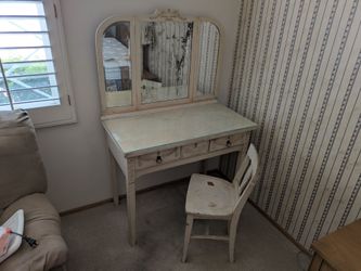 Vintage Triple-Mirror Dressing Table with Matching Chair & Glass Top