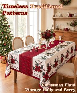 🆕 in 📦 Christmas Tablecloth Rectangular,Holiday Dining Decor,60x84 Inch Classic Red&Cream Palette,Vintage Pattern Winter Table Cloth,Xmas Party Deco