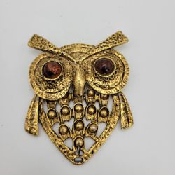 Vintage Goldtone Metal Owl Necklace Pendant Swinging Head Brown Eyes 3"x2.5"