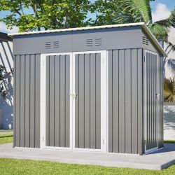 4x8 Slope-Roof Reinforced Storage Shed with Weatherproof Sloping Roof & 4 Air Vents, Heavy-Duty Sturdy Metal Frame, Left/Right Optional Door, Outdoor 