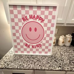 Pink Checkered Smiley Face Wall Art Framed