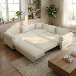 88" L-Shaped Sleeper Sofa with Pull-Out Bed, Chenille Upholstery, 5-Seat, Beige
