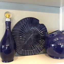 Vintage Cobalt Blue Tray, Vintage Pitcher, & Vintage Olive Oil Bottle All Stoneware