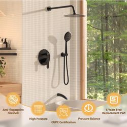 Shower System with Tub Spout, Black Bathtub Shower Faucet Set, 10" Rain Shower head with Handheld Shower Spray,High Pressure Shower Head Set with Pres
