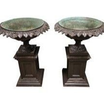 Pair of Antique Cast Iron Planter Urns Victorian Neoclassical Revival Design
