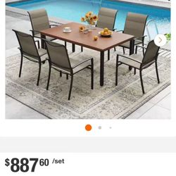 7 Piece Metal Outdoor Dining Set with 63 in. Walnut Rectangle Table and 6 Brown Stackable Padded Textilene Dining Chairs