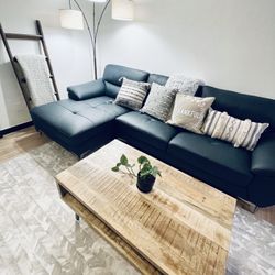 Blue Top Grain Leather Couch w/ Chaise