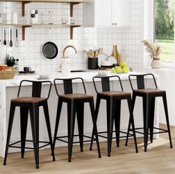 Bar Stools Set Of 4 Counter Height Metal Barstools with Removable Back 30” Kitchen Bar Stools with Wooden Seat, Black