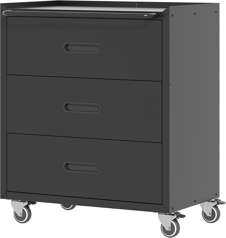 Q-Metal Storage Cabinet with Wheels, Garage Storage Cabinet with 3 Drawers, Rolling Tool Cabinet, Assembly Required, Black
